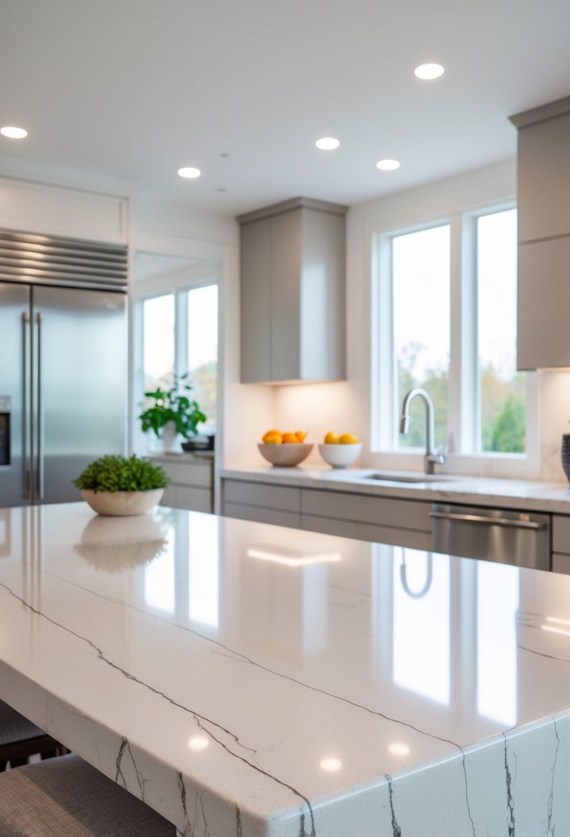 Modern Kitchen Ideas 2026: 21 Stylish Designs for Contemporary Homes 7 A modern kitchen with quartz countertops featuring subtle veining, an island with bar stools, and stainless steel appliances.