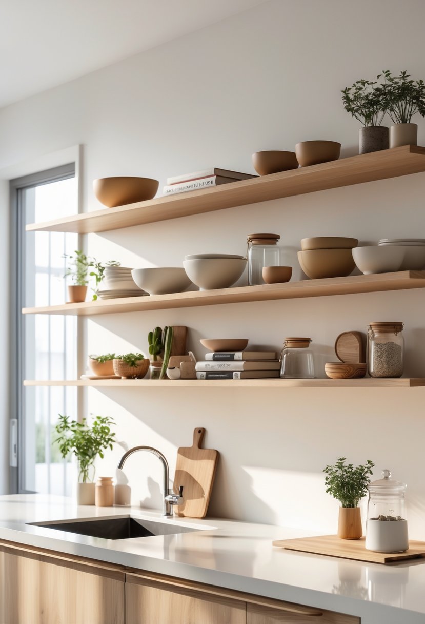 Modern Kitchen Ideas 2026: 21 Stylish Designs for Contemporary Homes 8 A modern kitchen with open wooden shelves displaying kitchenware, plants, and cookbooks above a clean countertop.