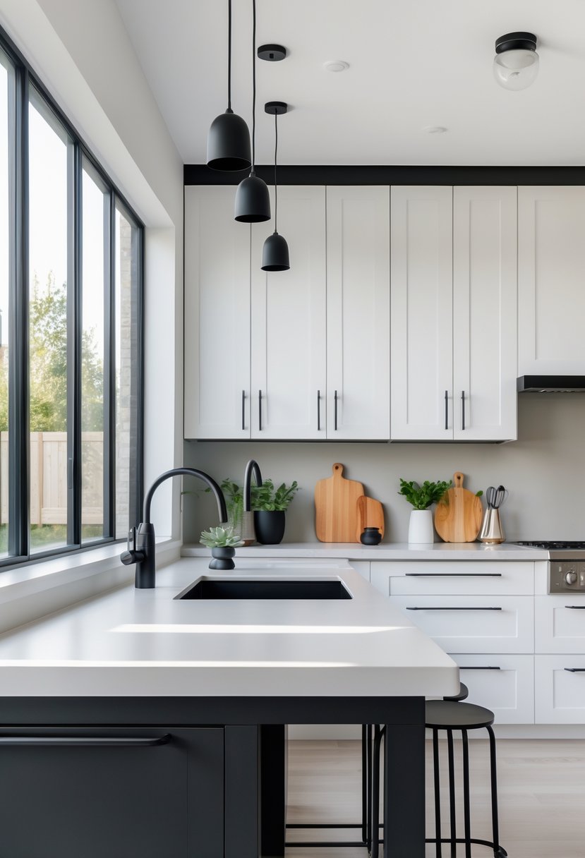 Modern Kitchen Ideas 2026: 21 Stylish Designs for Contemporary Homes 9 A modern kitchen with matte black fixtures and hardware, including cabinet handles, faucet, and light fixtures, with a bright and clean interior.