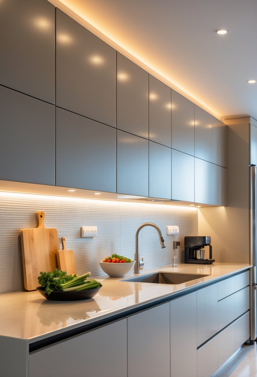Modern Kitchen Ideas 2026: 21 Stylish Designs for Contemporary Homes 11 A modern kitchen with under-cabinet LED lights illuminating the countertop and sleek cabinetry.