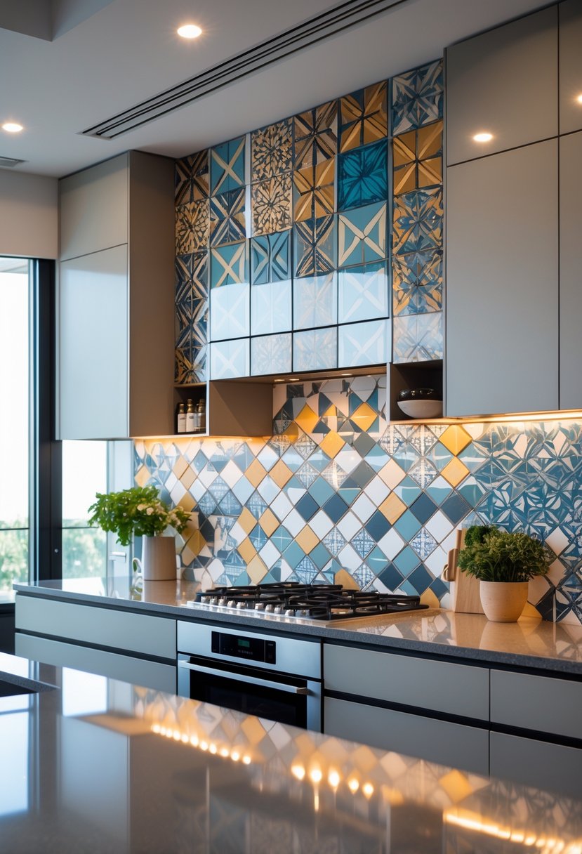 Modern Kitchen Ideas 2026: 21 Stylish Designs for Contemporary Homes 12 A modern kitchen with a colorful geometric tile backsplash, sleek cabinets, and stainless steel appliances.