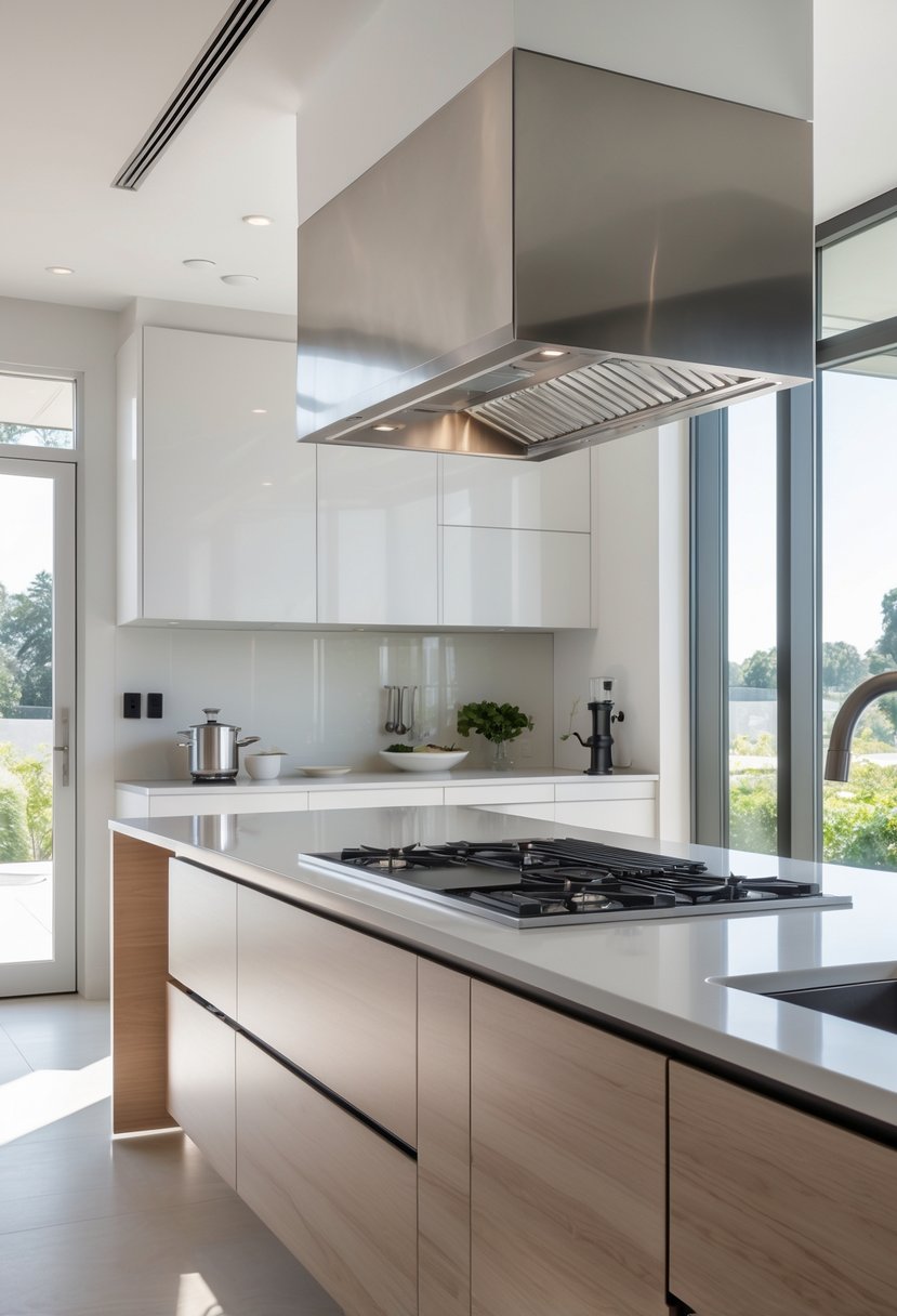 Modern Kitchen Ideas 2026: 21 Stylish Designs for Contemporary Homes 13 A modern kitchen with a hidden range hood integrated into the cabinetry above the stove, featuring a clean and bright cooking area with an island and stainless steel appliances.