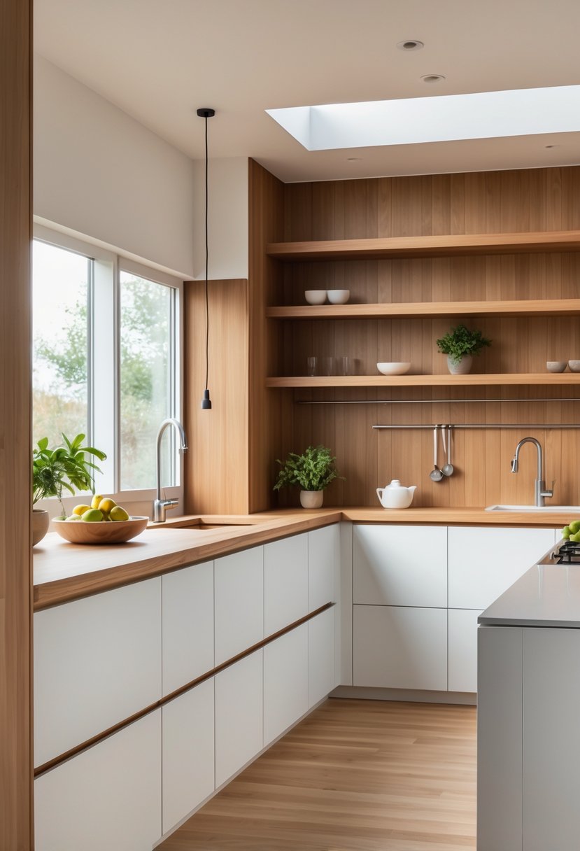 Modern Kitchen Ideas 2026: 21 Stylish Designs for Contemporary Homes 15 A modern kitchen with white cabinets, warm wood countertops and shelves, stainless steel appliances, and natural light coming through large windows.