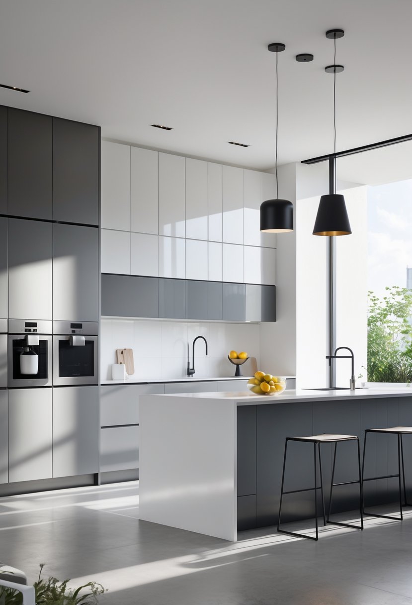 Modern Kitchen Ideas 2026: 21 Stylish Designs for Contemporary Homes 16 A modern kitchen with gray and white cabinets, a large island, stainless steel appliances, and pendant lights, illuminated by natural light from windows.