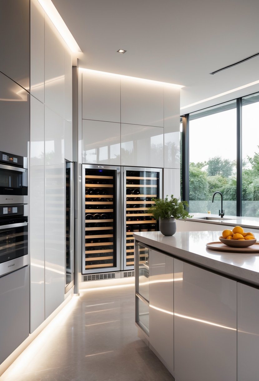 Modern Kitchen Ideas 2026: 21 Stylish Designs for Contemporary Homes 17 A modern kitchen with built-in wine coolers integrated into cabinetry and natural light coming through large windows.