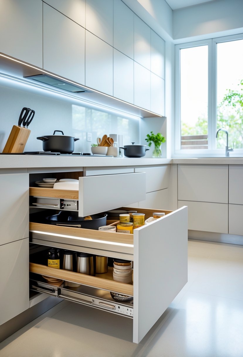 Modern Kitchen Ideas 2026: 21 Stylish Designs for Contemporary Homes 18 A modern kitchen with open pull-out drawers showing organized kitchen items and bright natural lighting.