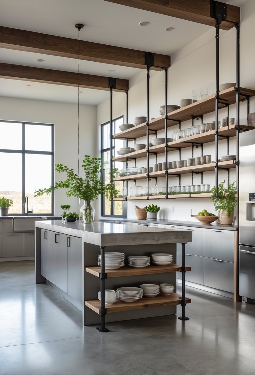 Modern Kitchen Ideas 2026: 21 Stylish Designs for Contemporary Homes 19 A modern kitchen with open shelves holding dishes and plants, a large island, and stainless steel appliances.