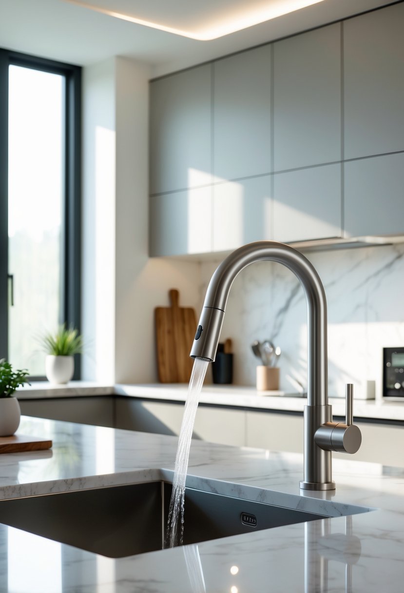 Modern Kitchen Ideas 2026: 21 Stylish Designs for Contemporary Homes 20 A modern kitchen sink with a touchless stainless steel faucet on a marble countertop surrounded by kitchen accessories.