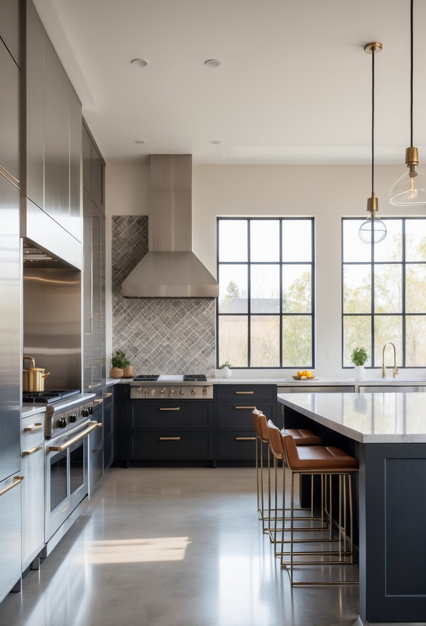 Modern Kitchen Ideas 2026: 21 Stylish Designs for Contemporary Homes 21 A modern kitchen with a large island, mixed metal finishes, stainless steel appliances, and pendant lights above the island.