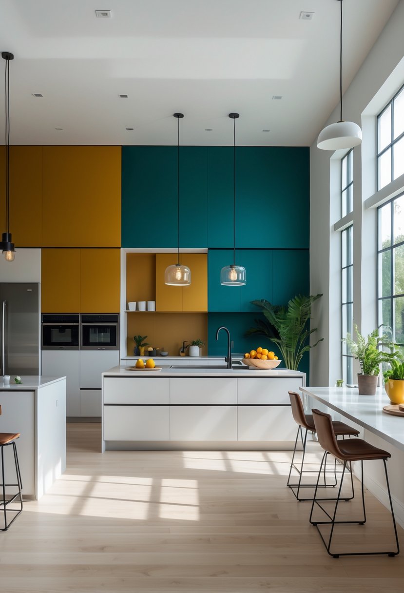 Modern Kitchen Ideas 2026: 21 Stylish Designs for Contemporary Homes 22 A modern kitchen with bold colored accent walls, a large island, stainless steel appliances, and natural light coming through windows.