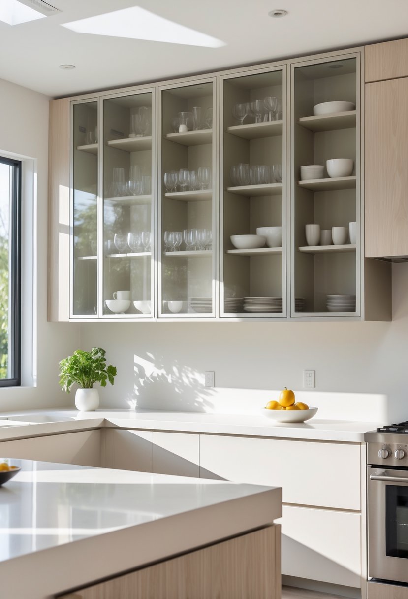Modern Kitchen Ideas 2026: 21 Stylish Designs for Contemporary Homes 23 A bright modern kitchen with glass-front cabinets displaying dishes, clean countertops, and stainless steel appliances.