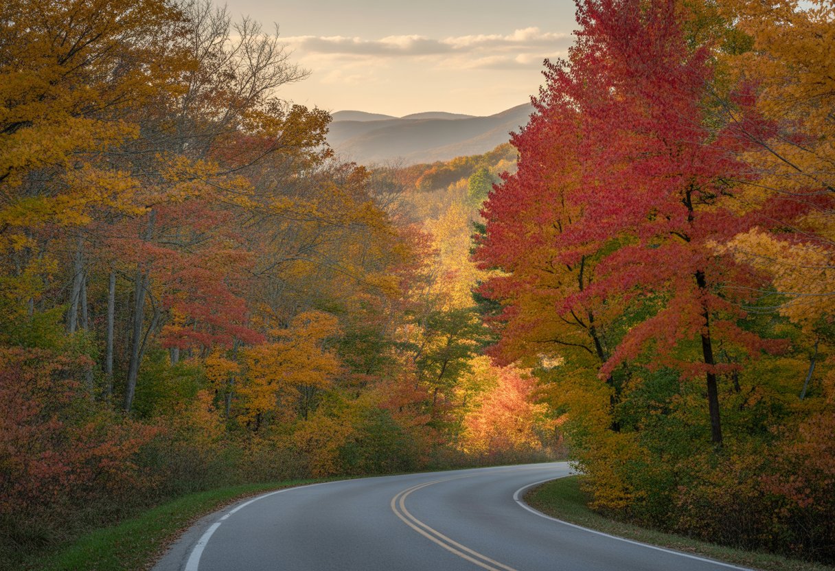 A winding road surrounded by colorful autumn trees with red, orange, and yellow leaves under a clear sky.