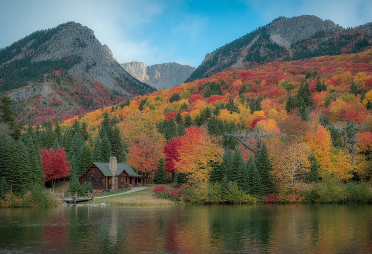 Mountain landscape with colorful autumn trees, a calm lake reflecting the scenery, and a wooden cabin nestled among the forest.