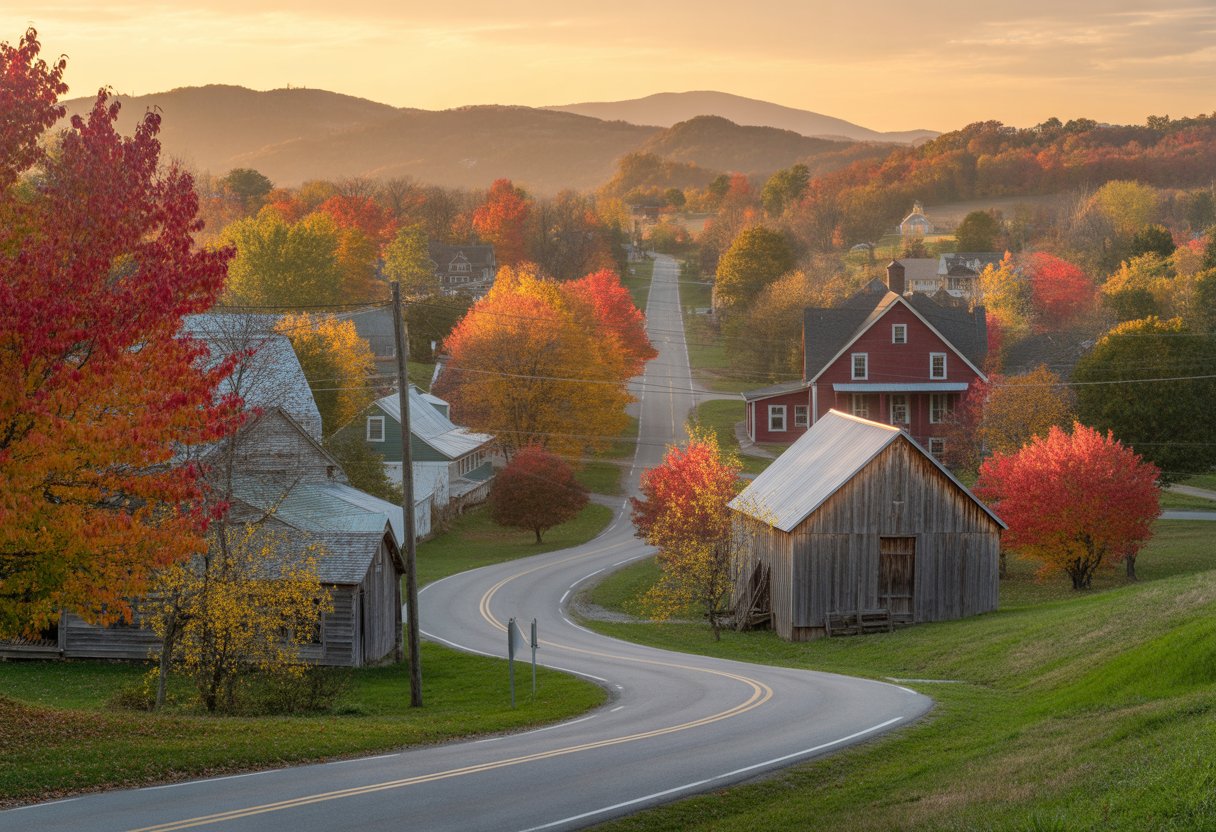 A small town rural landscape with colorful autumn trees, a winding road, historic houses, and rolling hills under a clear sky.