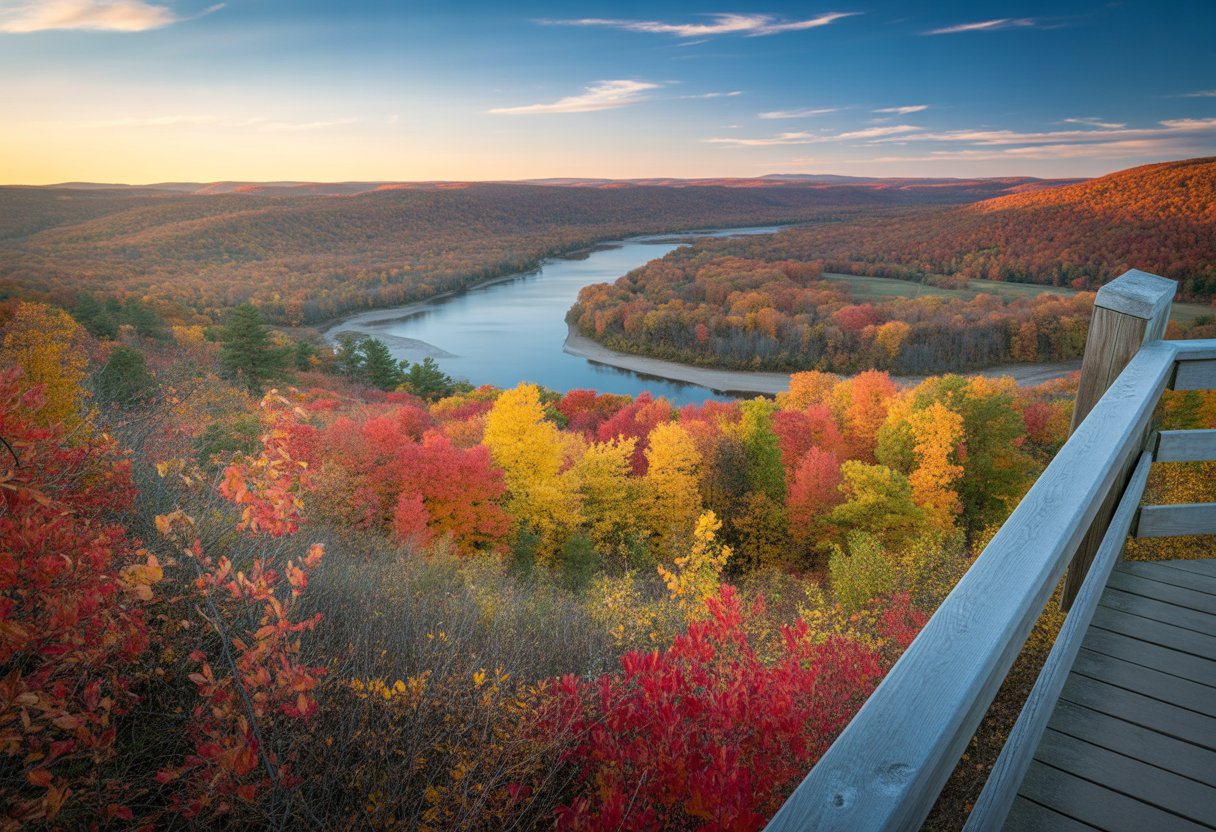 A panoramic view of a forest with vibrant red, orange, yellow, and gold autumn leaves surrounding a calm river under a clear blue sky.