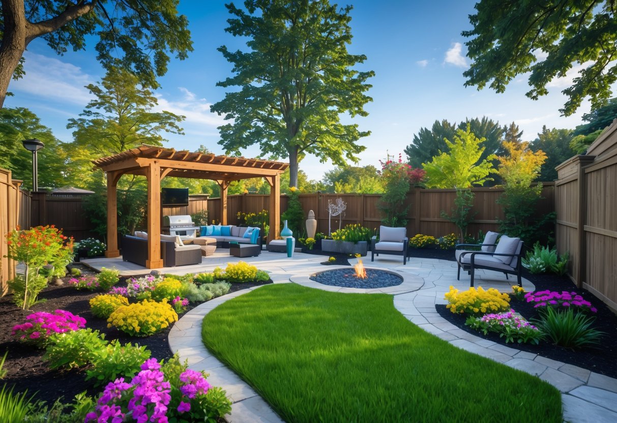 A backyard with a wooden pergola, green lawn, colorful flowers, stone pathway, water feature, fire pit, and trees under a clear sky.