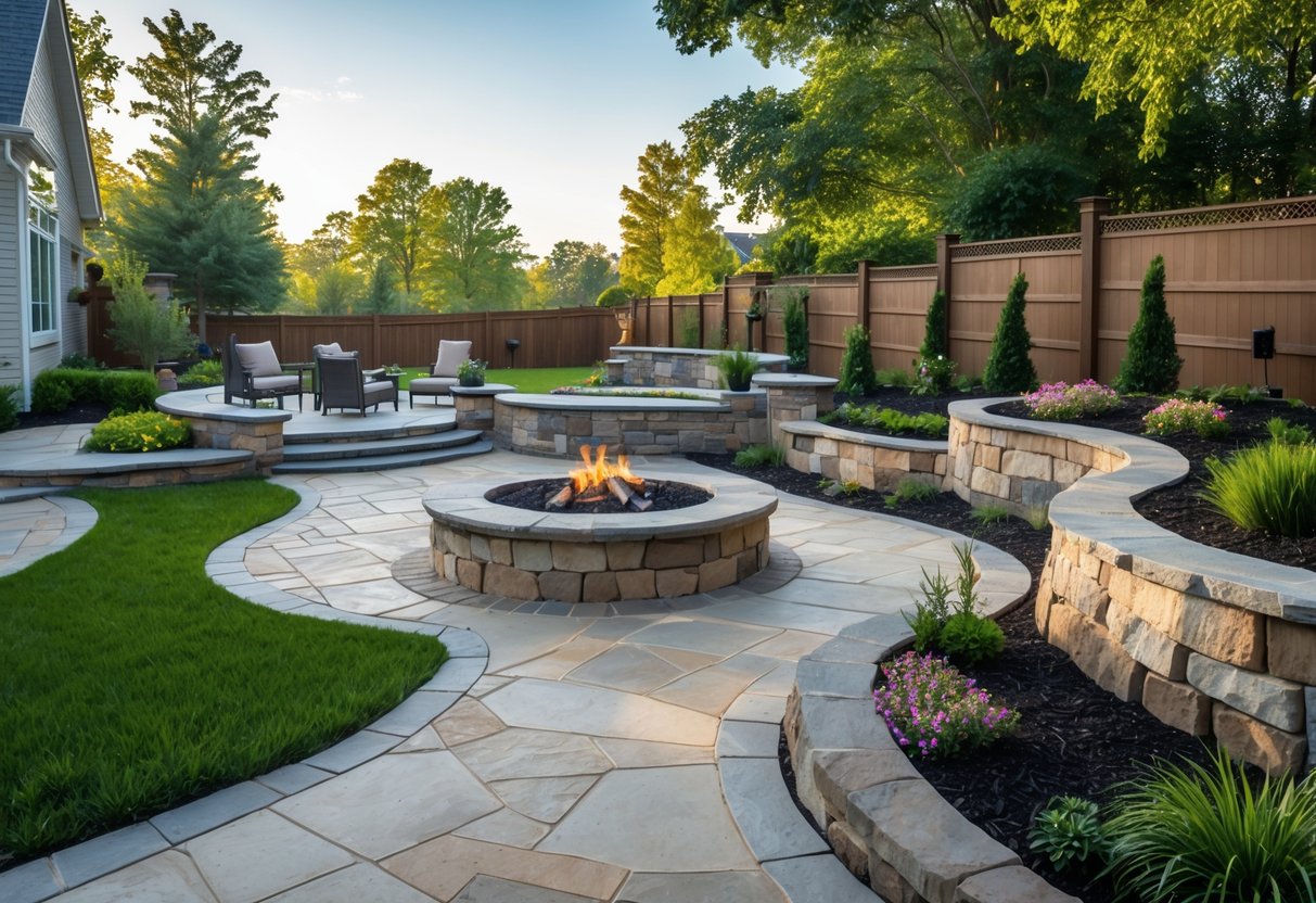 A backyard with a stone patio, fire pit, stone pathway, raised garden beds, and trees in the background.