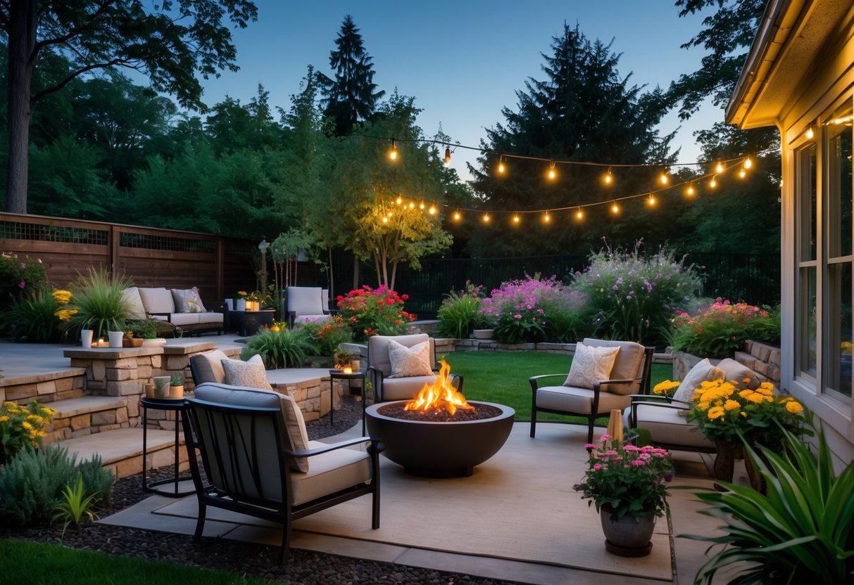 A backyard with a cozy seating area around a fire pit surrounded by plants and soft lighting.