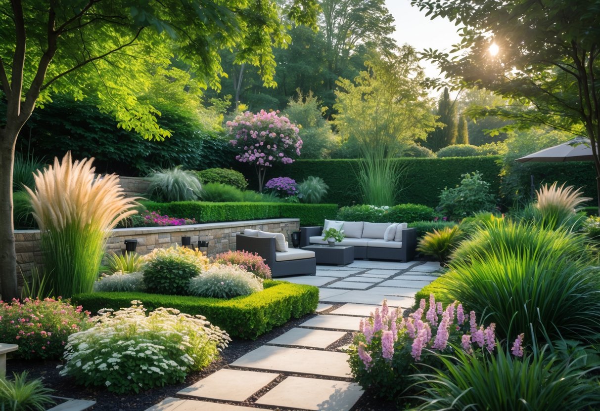 A backyard garden with diverse green plants, colorful flowers, stone pathways, a water feature, and outdoor seating under natural sunlight.