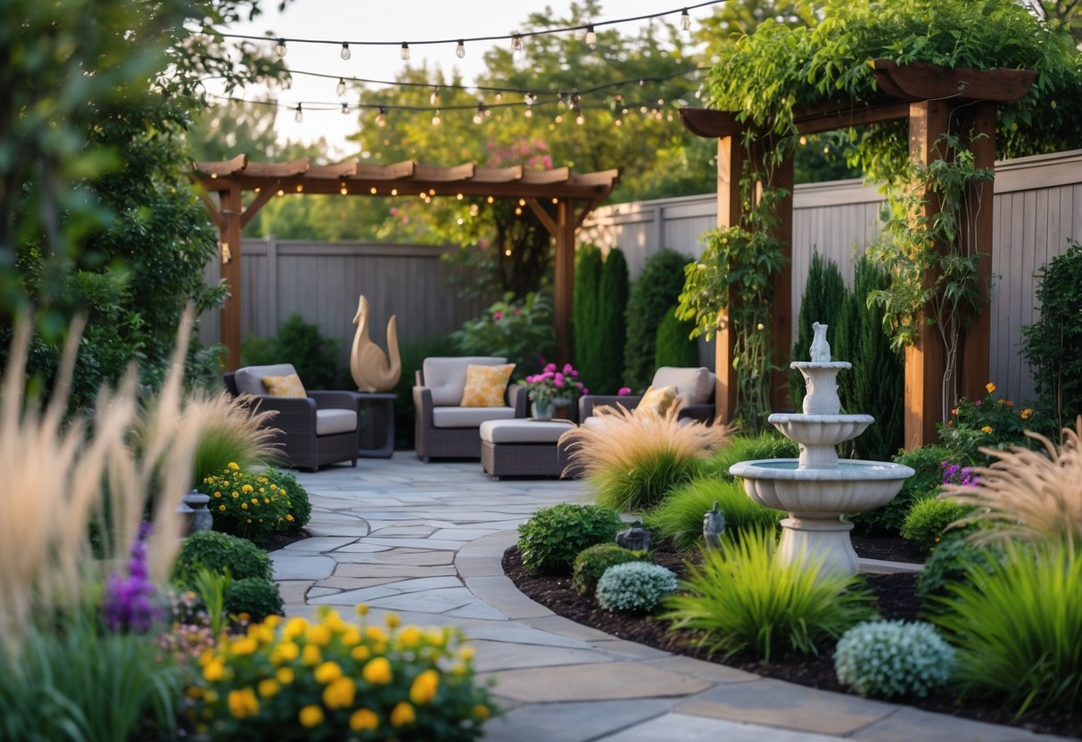 A backyard with comfortable outdoor seating, lush plants, a stone pathway, a water fountain, and decorative garden features under warm afternoon light.