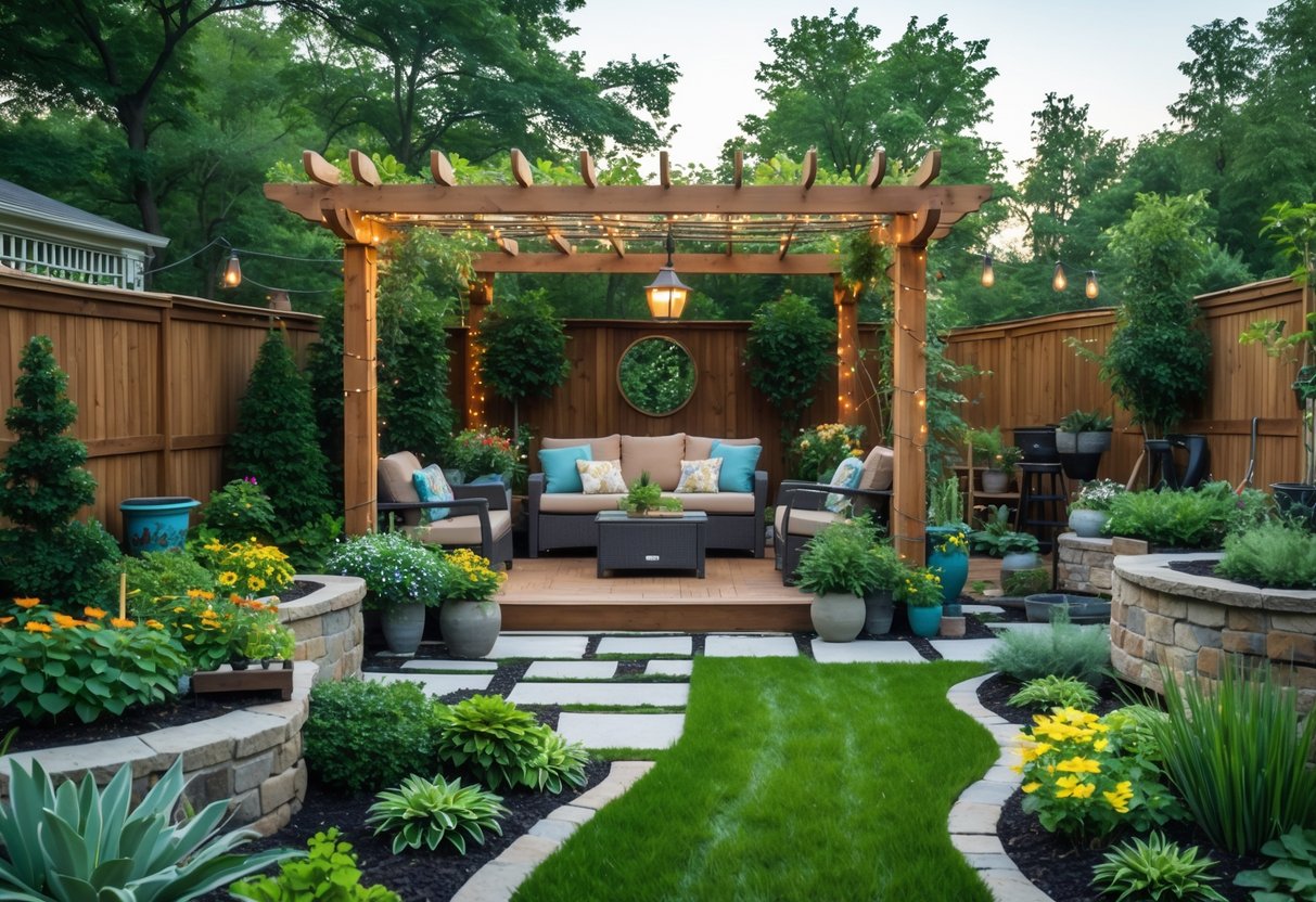A backyard with green plants, colorful flowers, a wooden pergola, outdoor seating, a small water feature, and stone pathways.