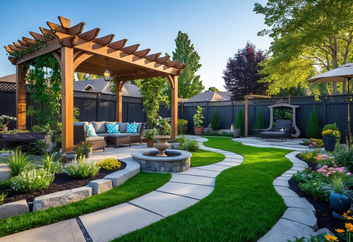 A landscaped backyard with a wooden pergola, stone pathway, flower beds, water feature, outdoor seating, and greenery under a clear sky.