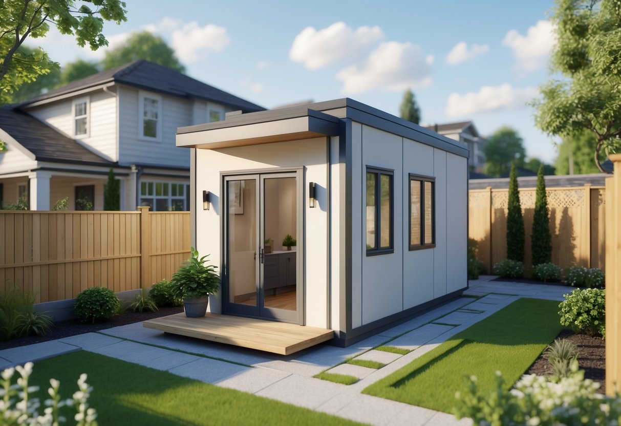 A small accessory dwelling unit in a suburban backyard next to a main house with a lawn, garden, and walkway. easy ADU