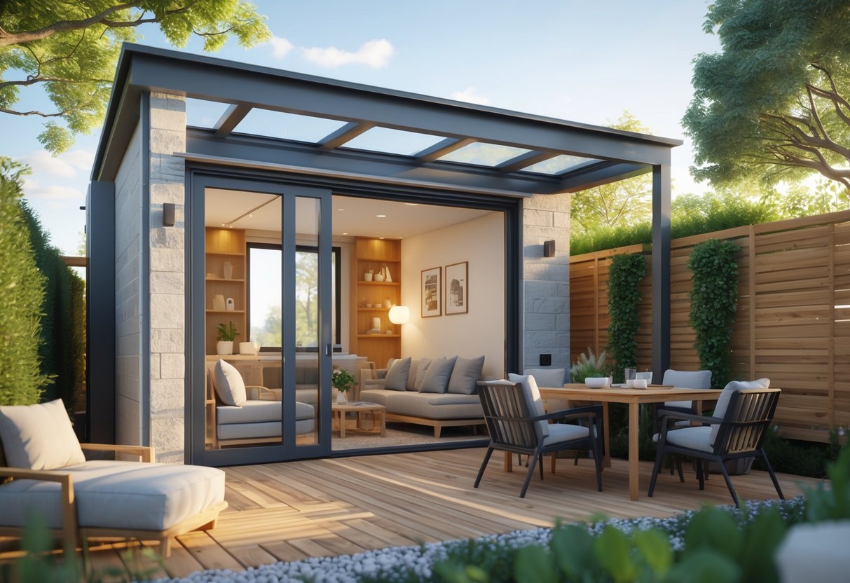 A small modern home with large glass doors open to a wooden patio featuring seating and dining areas surrounded by plants.