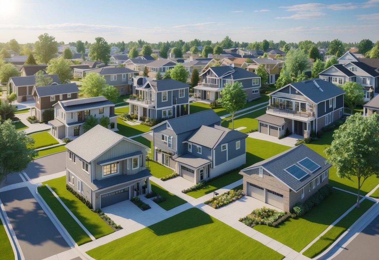 A neighborhood with several houses featuring small accessory dwelling units like guest houses and backyard cottages among trees and lawns.