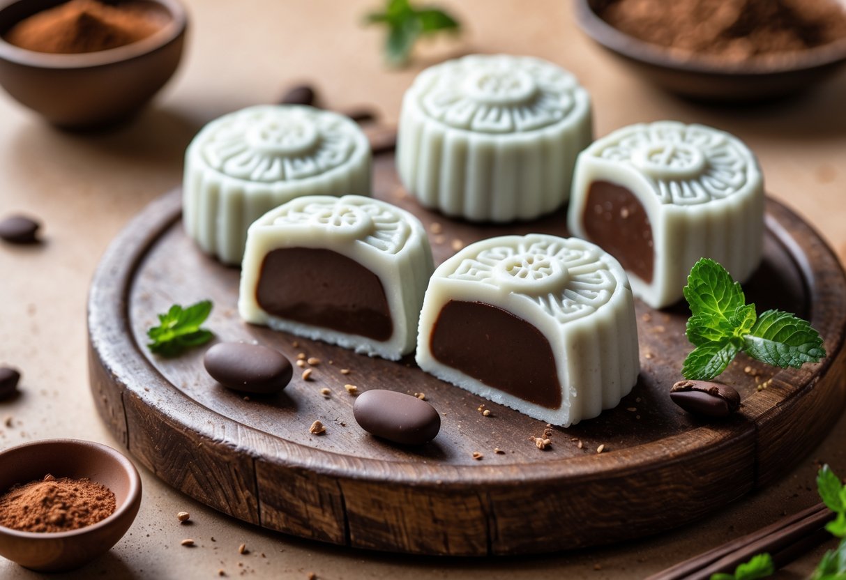 Close-up of several chocolate ganache snow skin mooncakes on a wooden platter with cocoa beans and mint nearby.