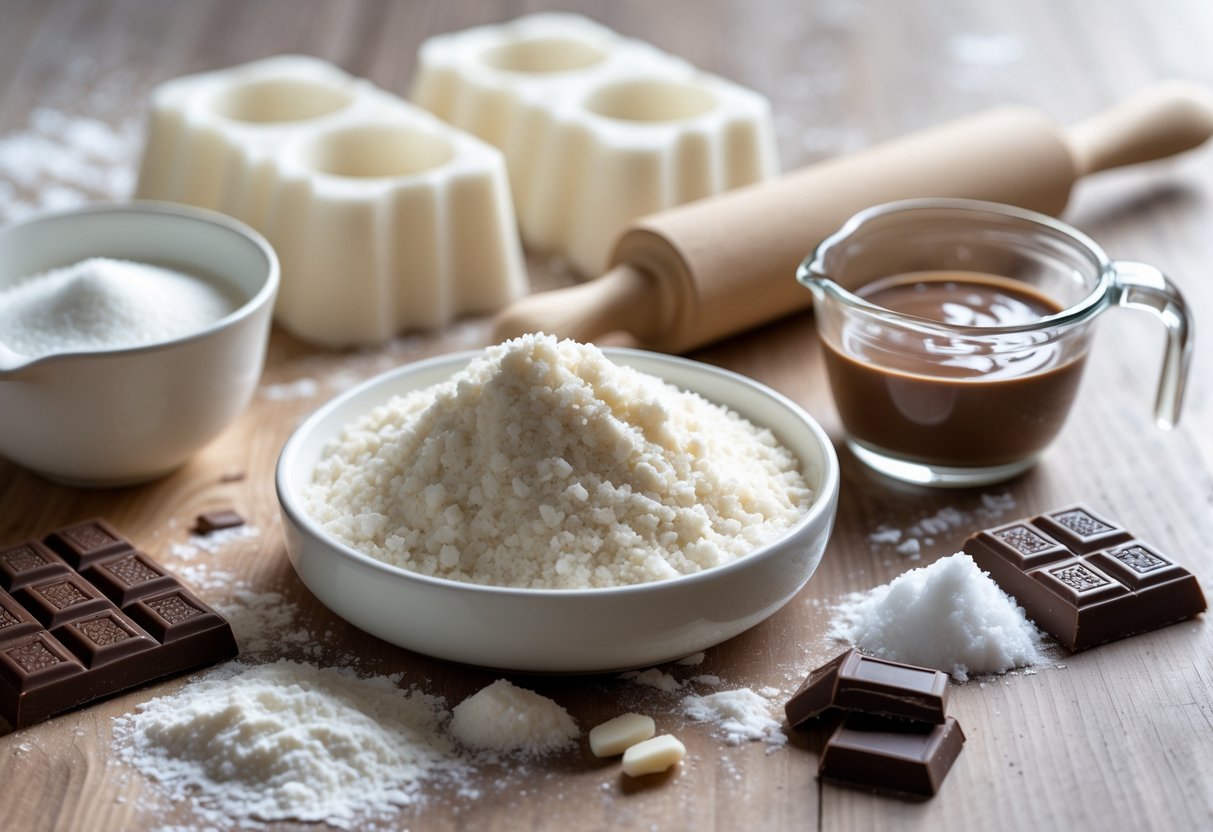 Close-up of ingredients for snow skin and chocolate ganache mooncakes arranged on a wooden surface, including flour, chocolate ganache, milk, sugar, dark chocolate, and mooncake molds.