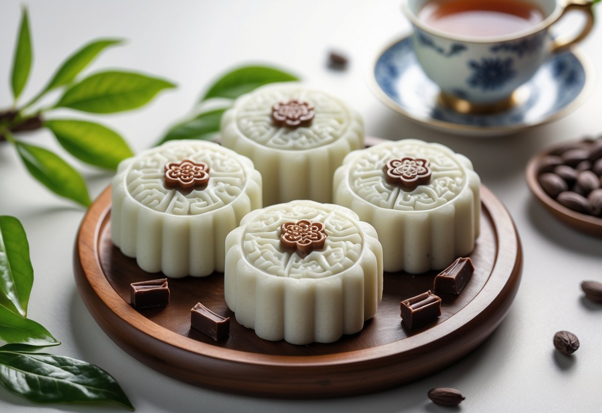 Close-up of several chocolate ganache snow skin mooncakes arranged on a wooden platter with tea and decorative elements nearby.