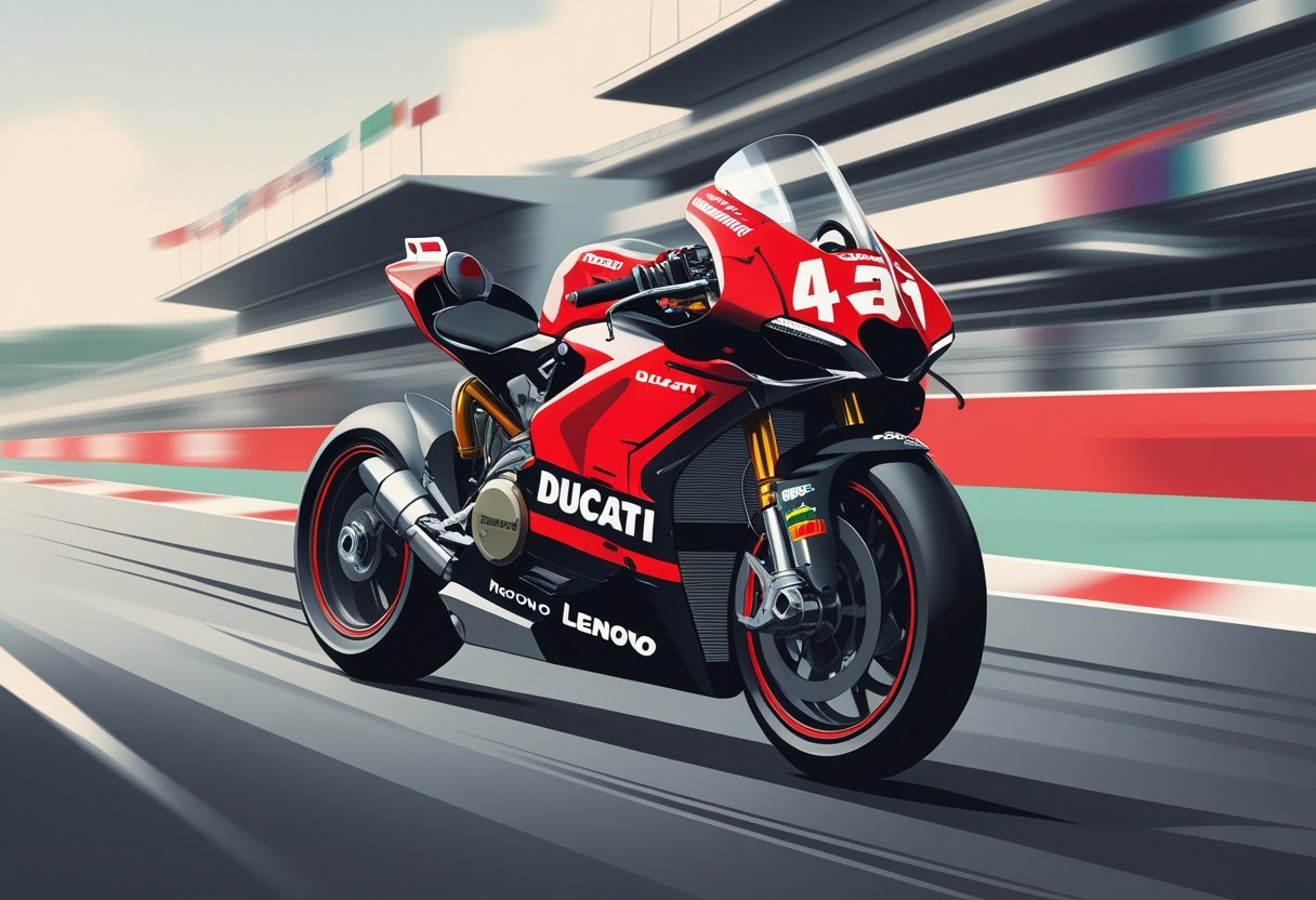 Motor balap Ducati Lenovo MotoGP di lintasan dengan elemen yang menunjukkan sejarah dan perkembangan tim.