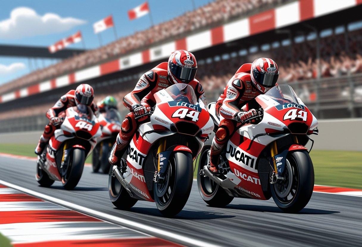 Beberapa pembalap Ducati Lenovo MotoGP sedang balapan di lintasan dengan motor balap merah dan putih, dikelilingi oleh penonton di tribun.