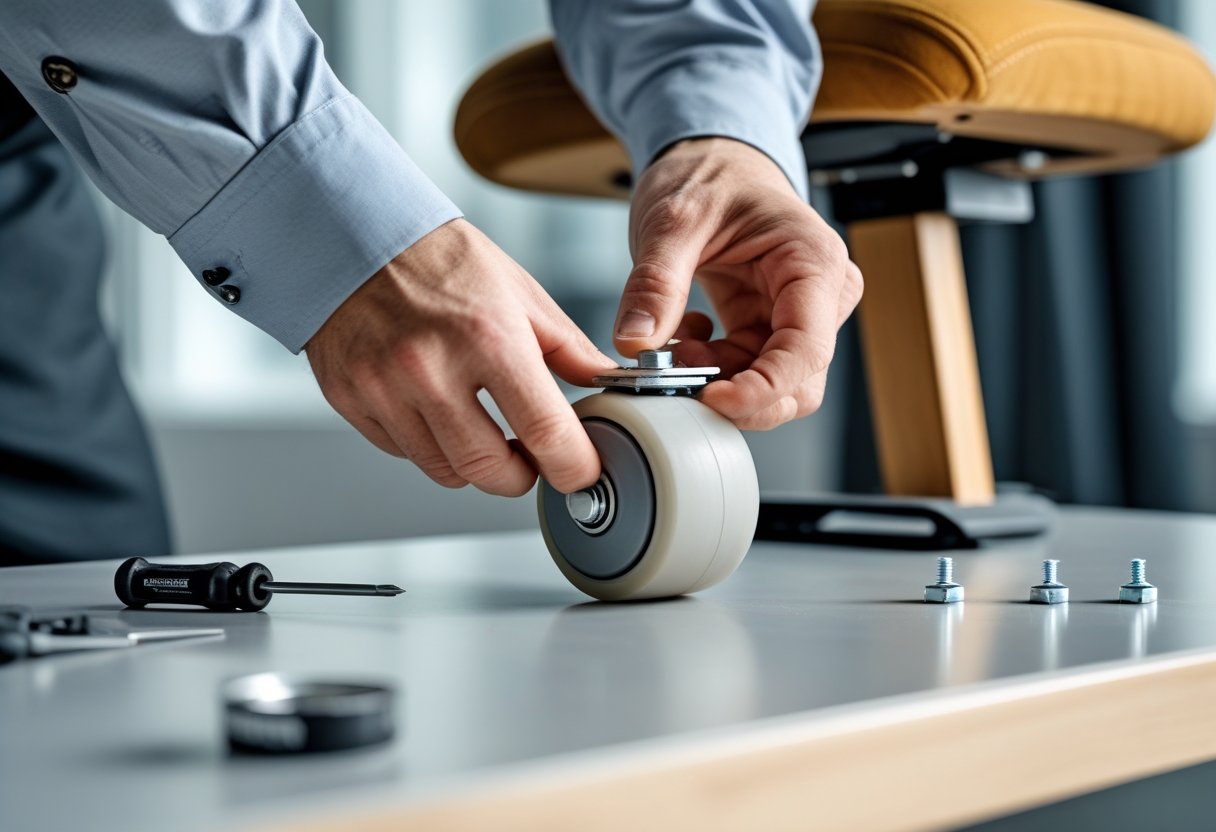 Hands installing a soft rubber caster wheel on a wooden office chair leg with tools on a workbench.