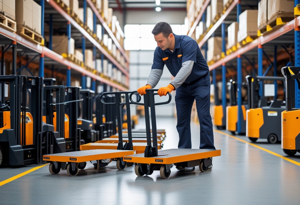 A person examining different platform trucks in a warehouse with shelves and boxes in the background.