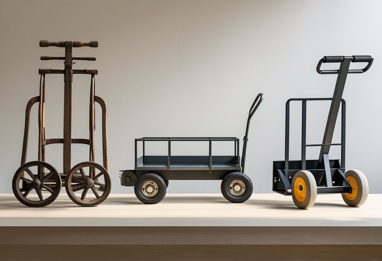 Three handtrucks arranged side by side showing their evolution from an antique wooden model to a modern aluminum design.