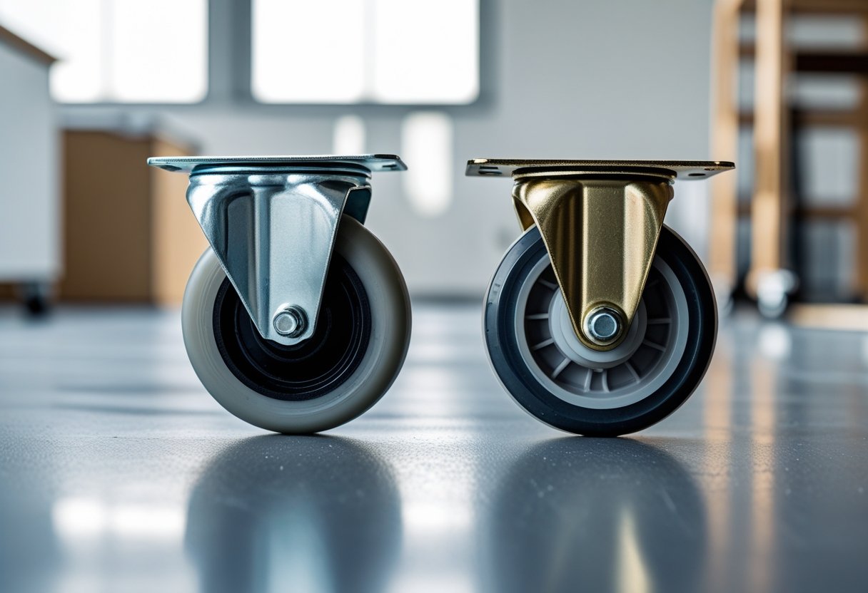 Close-up of two caster wheels side by side on a smooth floor, one soft rubber wheel and one hard plastic wheel, in a bright office setting.