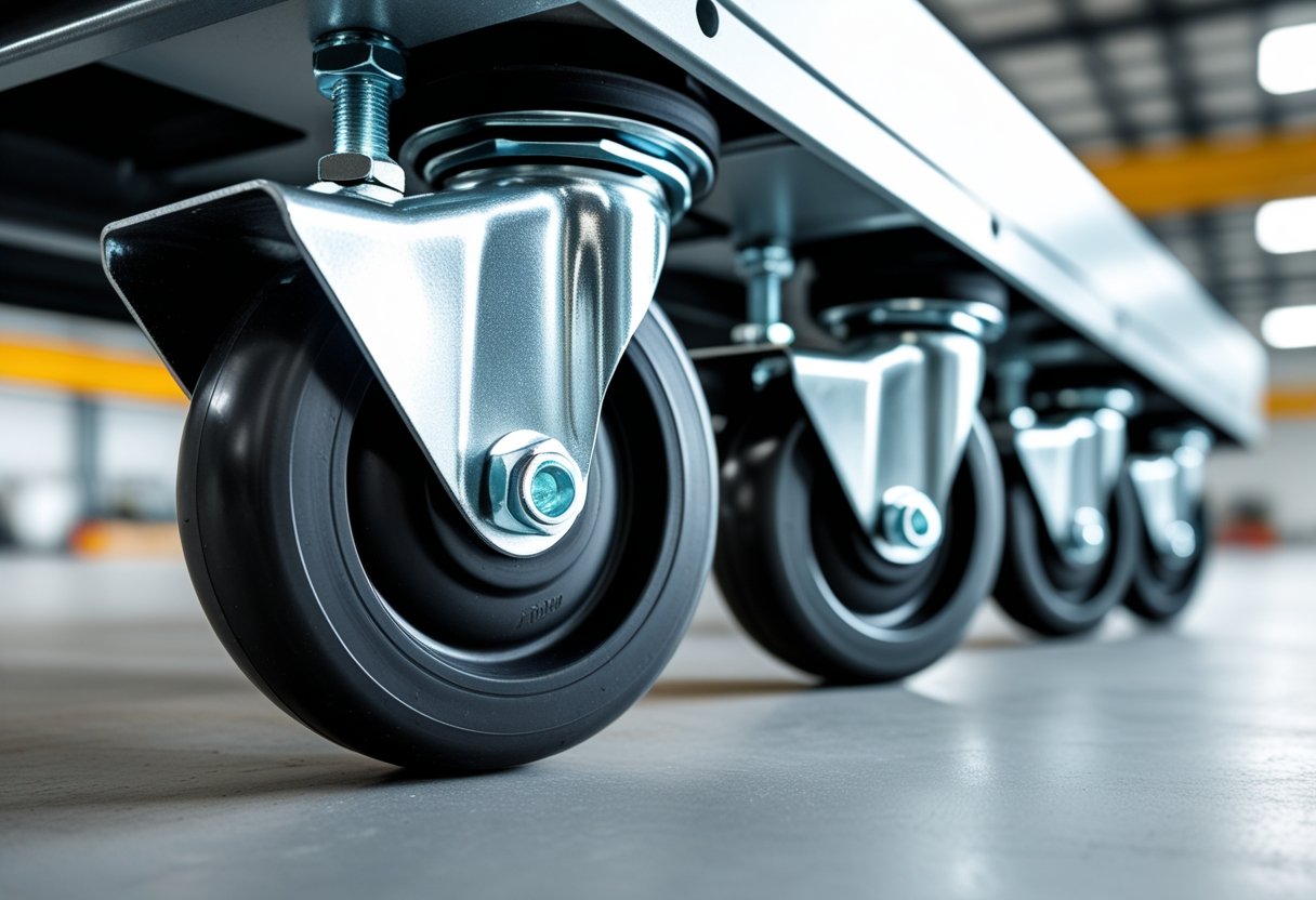 Close-up of black rubber caster wheels attached to industrial equipment on a workshop floor.