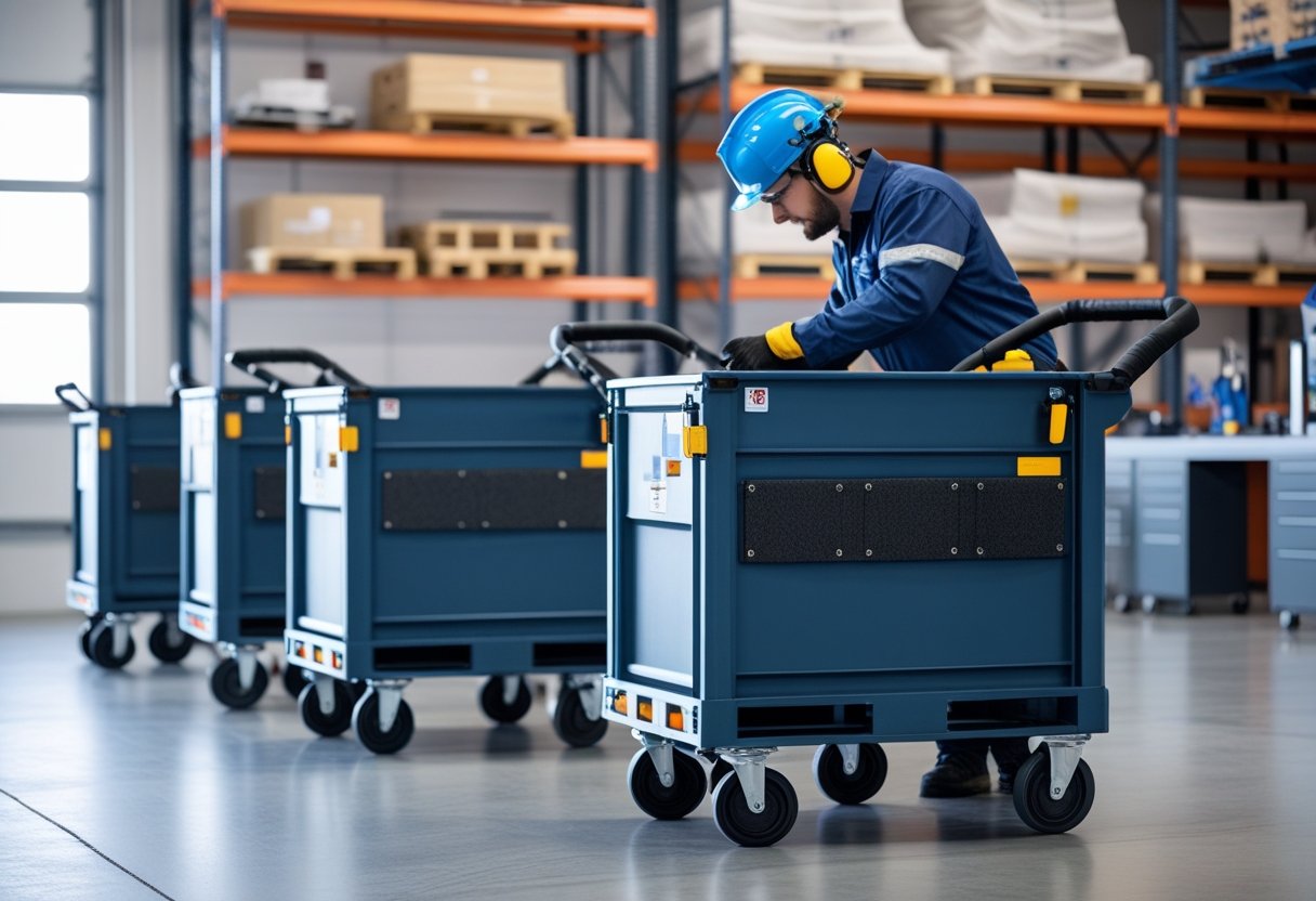 A technician wearing safety gear inspects an industrial cart with noise-reducing features in a clean warehouse.