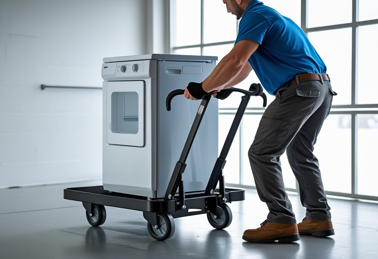 A person using an appliance dolly to move a large household appliance, demonstrating proper lifting technique in a clean industrial setting.