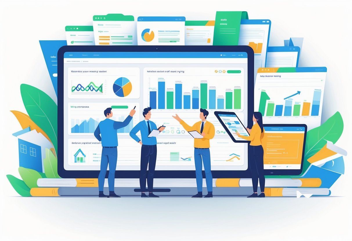 How to Audit Your Current Real Estate Website Before You Rebuild A group of professionals in an office reviewing website analytics and real estate materials together.