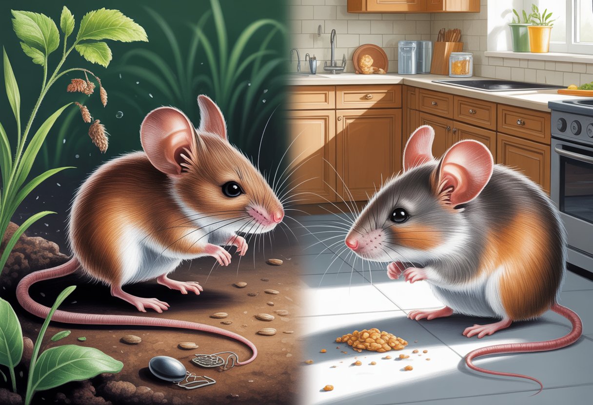 Side-by-side illustration of a field mouse outdoors near grass and a house mouse inside a kitchen corner with home prevention measures visible.
