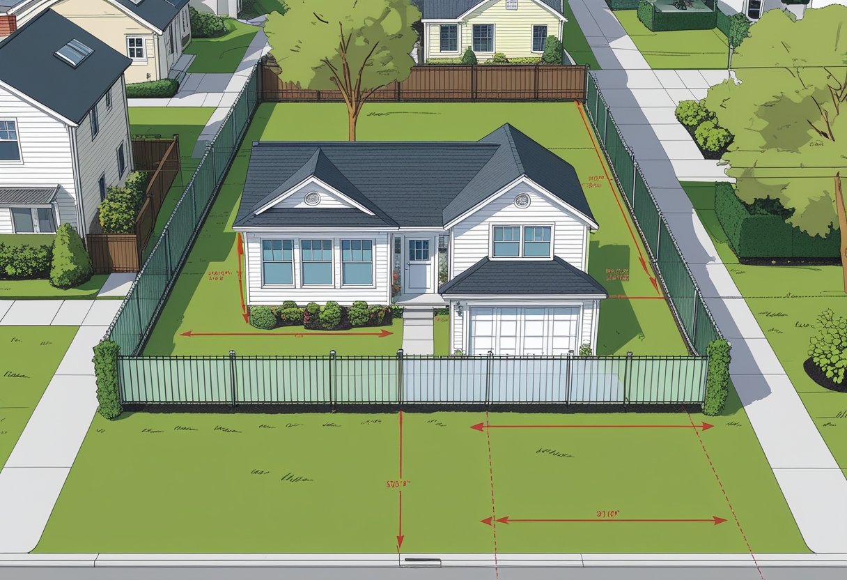 A residential property with a main house and a smaller accessory building in the backyard, showing setback distances from property lines and the main house.