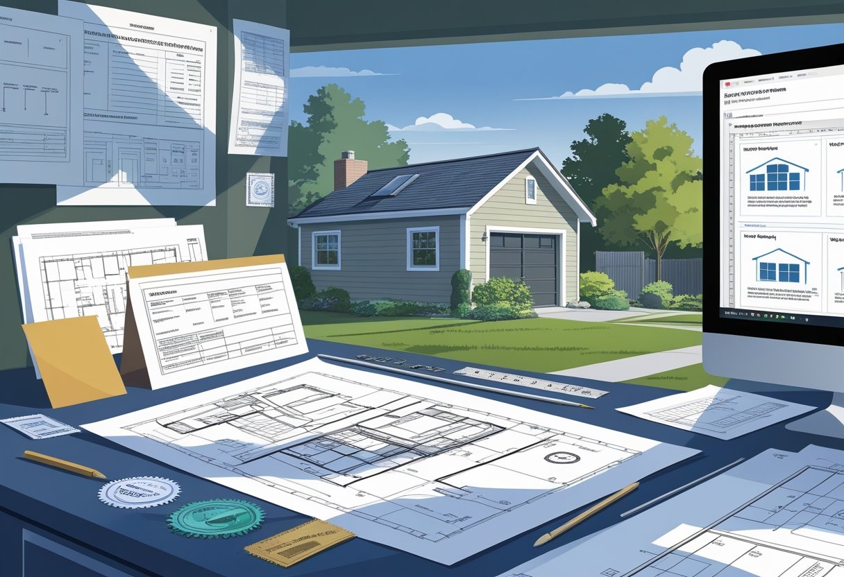 An architect reviewing building plans at a desk with a small accessory building visible on a residential property outside.