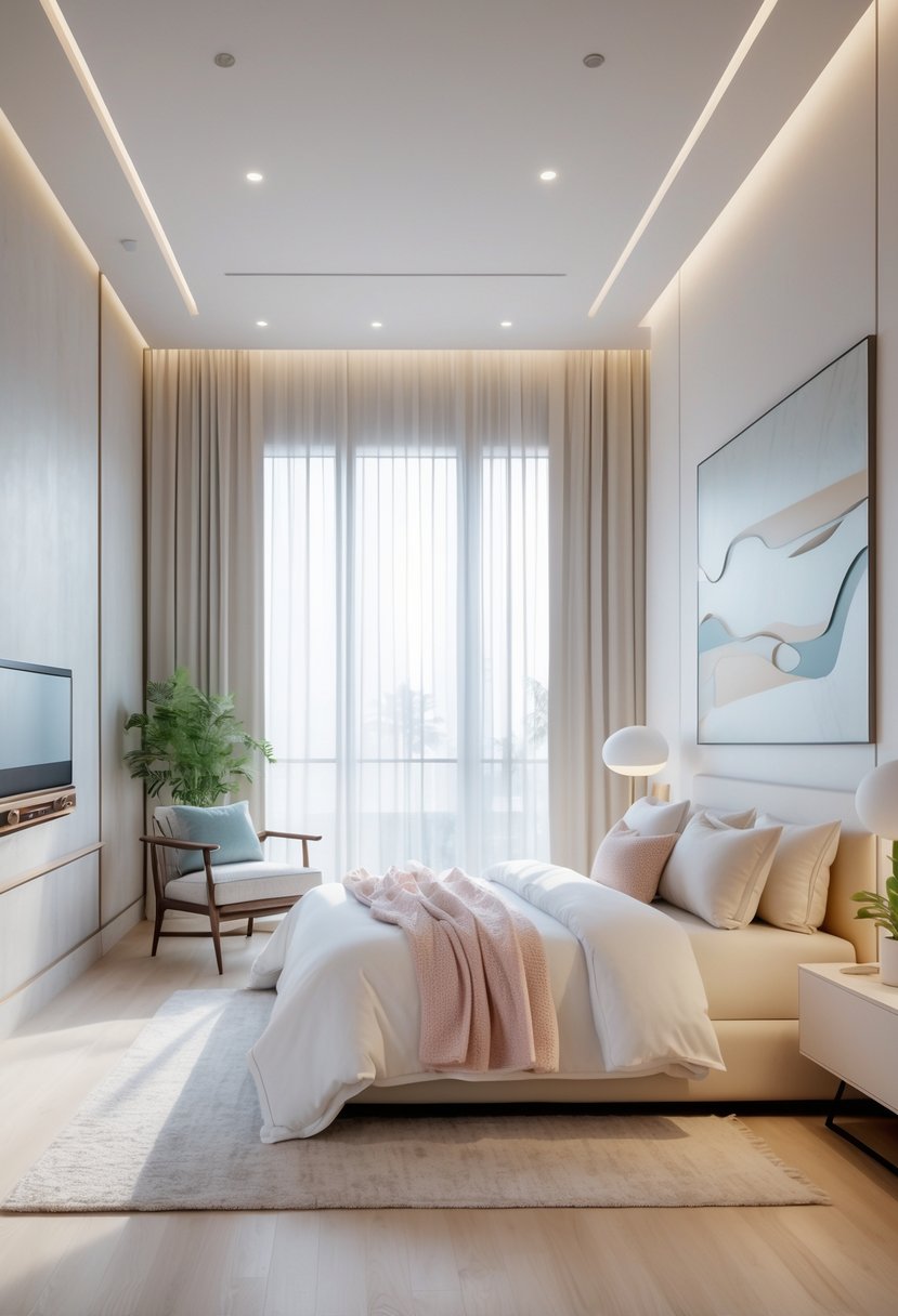 Bedroom Ideas 2026: 22 Stylish Ways To Refresh Your Space 2 A modern bedroom with a large bed, natural light from tall windows, a reading chair, and minimalist furniture.