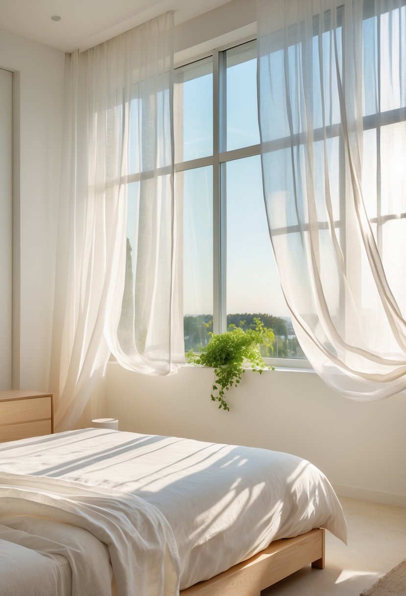 Bedroom Ideas 2026: 22 Stylish Ways To Refresh Your Space 3 A bright bedroom with large windows covered by sheer curtains letting in natural sunlight, featuring a neatly made bed and plants.