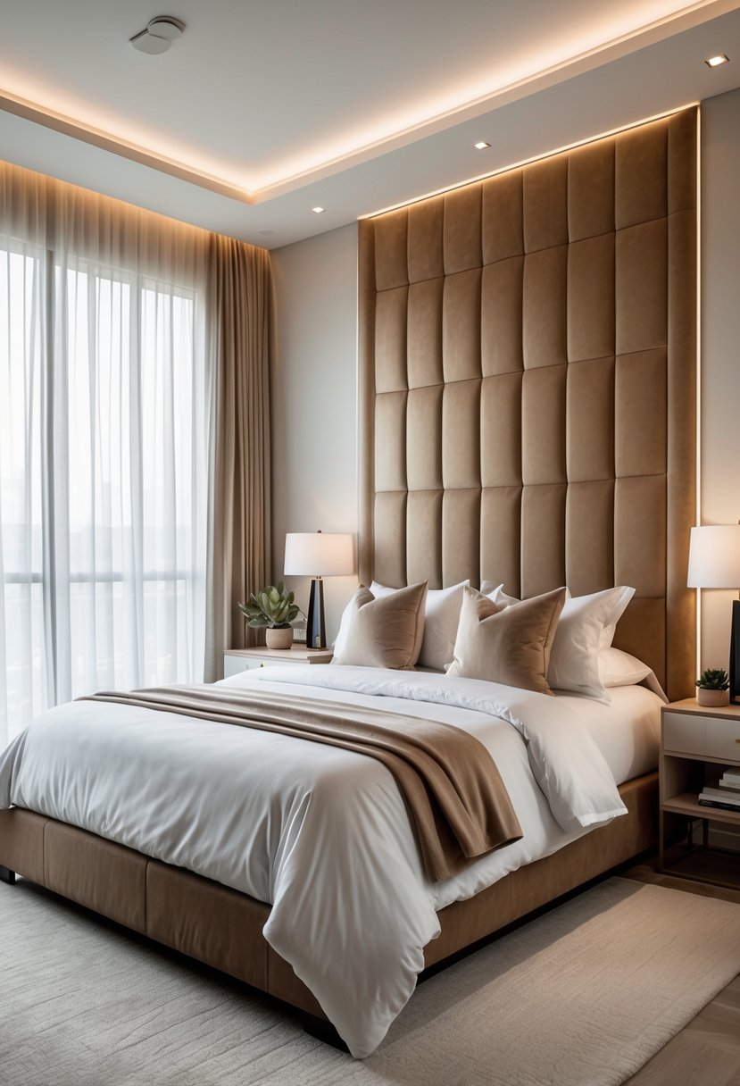 Bedroom Ideas 2026: 22 Stylish Ways To Refresh Your Space 4 A neatly made bed with a large upholstered headboard in a bright bedroom with bedside tables and lamps.