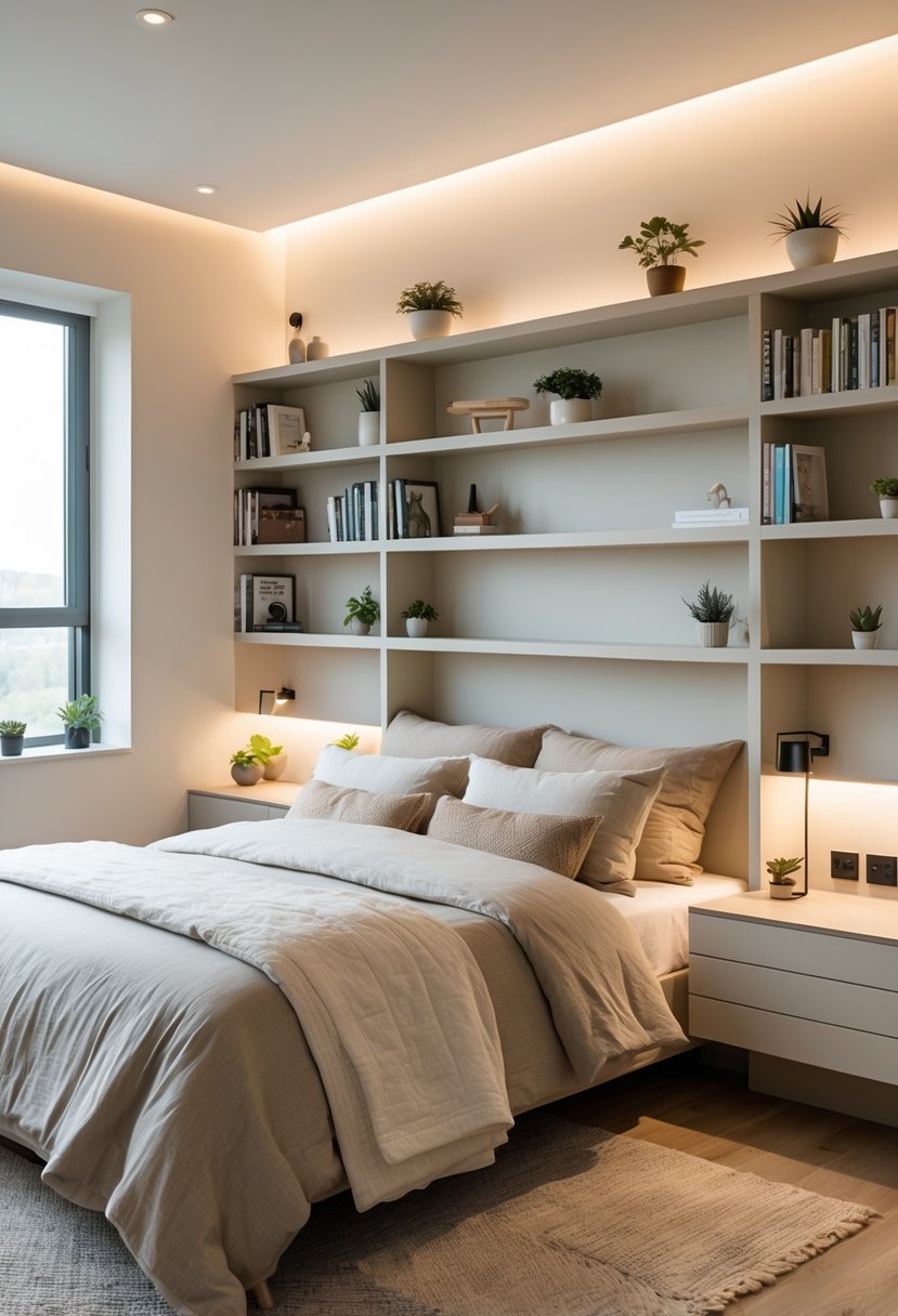 Bedroom Ideas 2026: 22 Stylish Ways To Refresh Your Space 5 A bedroom with built-in shelving filled with books, plants, and decorative items next to a neatly made bed with soft natural light coming through a window.