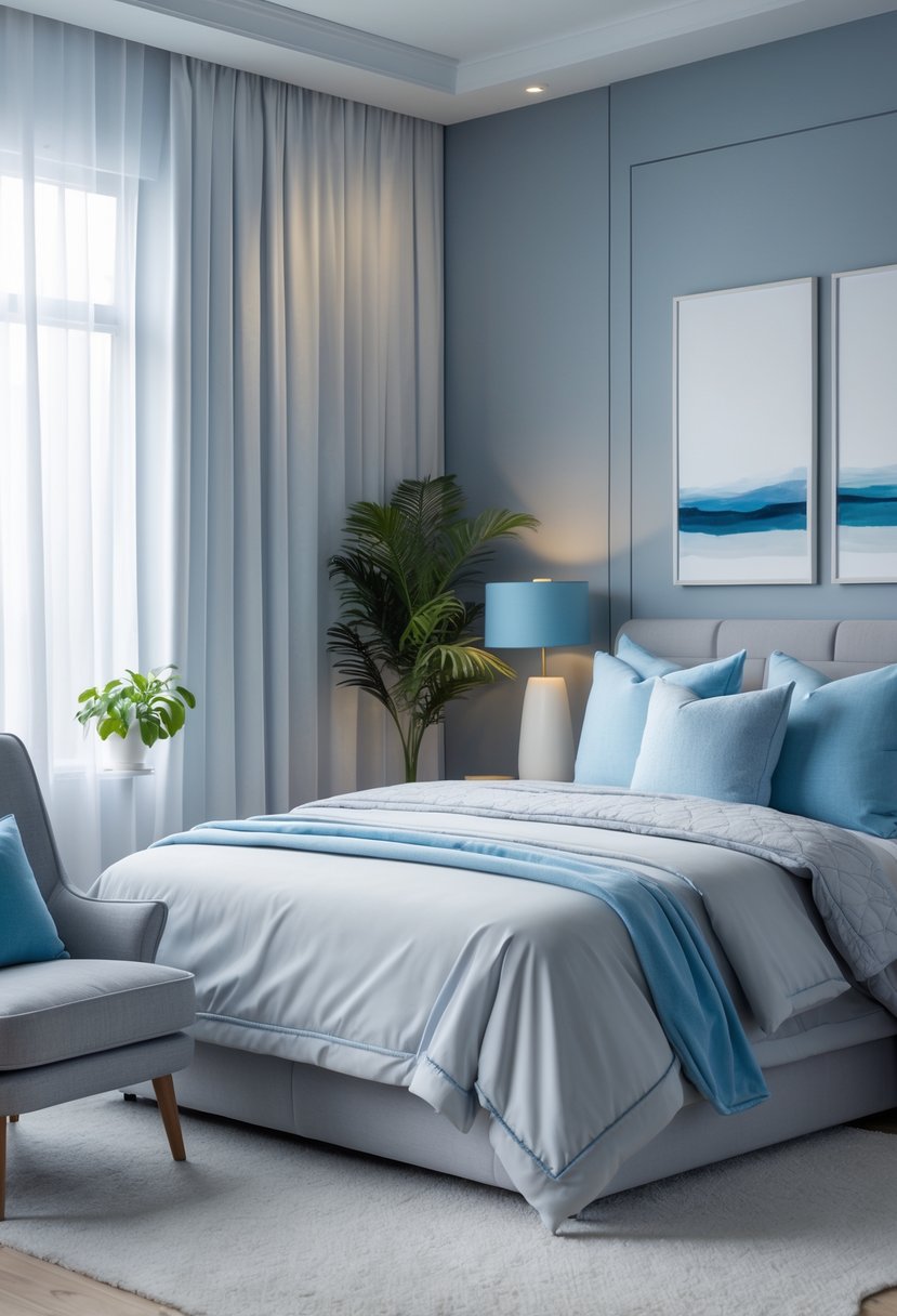 Bedroom Ideas 2026: 22 Stylish Ways To Refresh Your Space 6 A bedroom with a bed, armchair, nightstand, and plants in soft blue and gray colors.